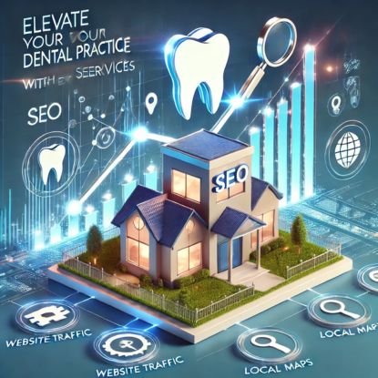 Illustration of a modern dental clinic with a glowing digital SEO graph rising in the background, surrounded by icons of upward arrows, magnifying glasses, local maps, and website traffic symbols. The text 'Elevate Your Dental Practice with Expert SEO Services' is displayed, emphasizing growth and success. The design uses a clean blue and white color scheme.